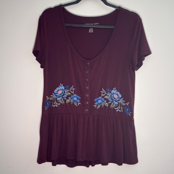 American Eagle Outfitters Tops - American‎ Eagle Soft & Sexy Burgundy Floral Embroidered Babydoll Henley Top S